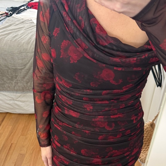 One-Shoulder Red and Black Floral Dress - Picture 2 of 5